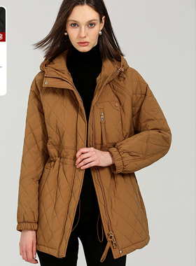 DONEED2025冬休闲加厚保暖蓬松抽绳显瘦连帽插肩袖菱形绗缝棉服女