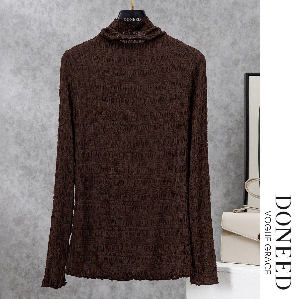 DONEED春款知性优雅修身打底衫质感时尚高领长袖提花针织上衣