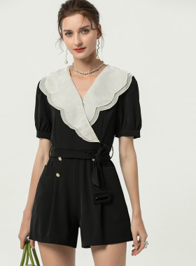 DONEED夏款甜美浪漫减龄撞色花边领配腰带阔腿短裤连体裤女