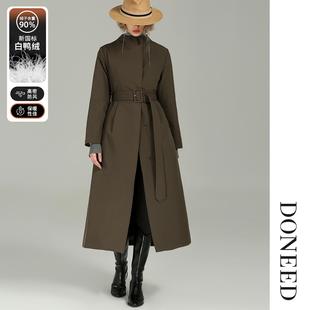DONEED2025冬季新款时尚休闲腰带收腰白鸭绒长款风衣羽绒外套女
