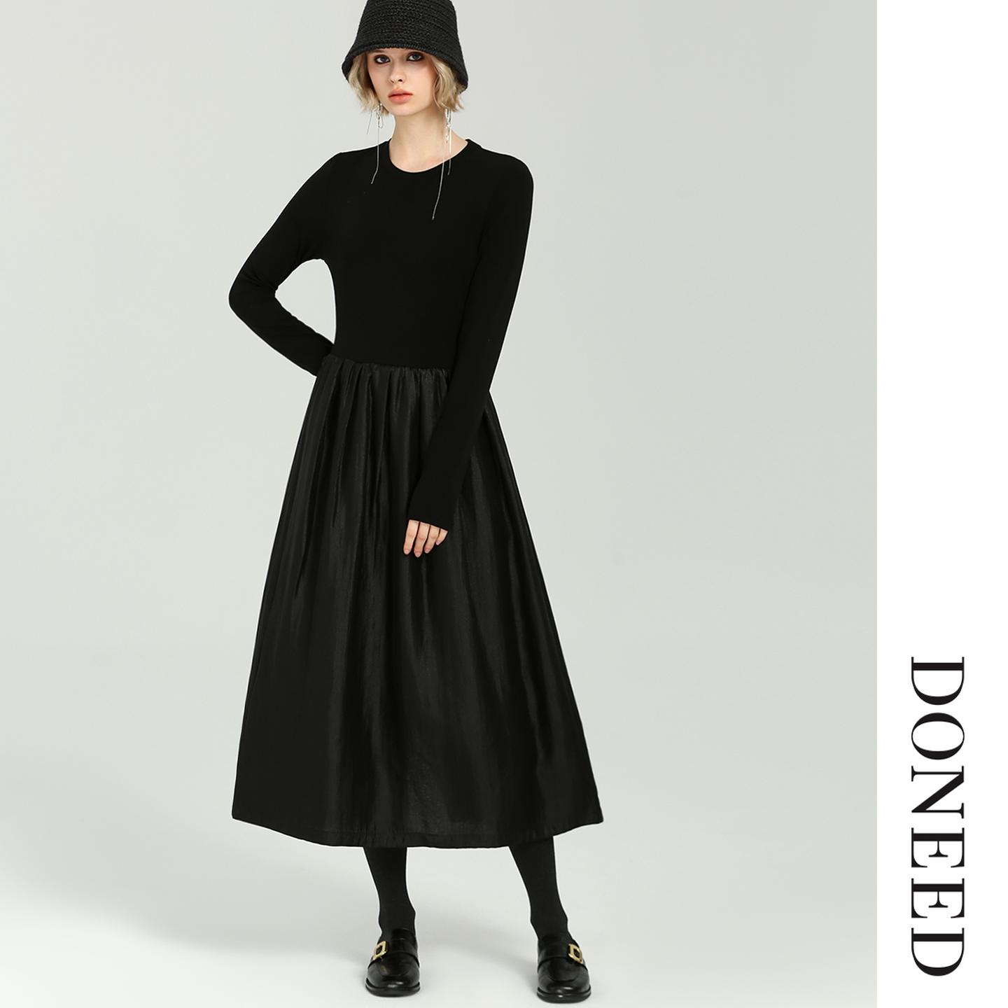 文艺收腰显瘦拼接纯色长款连衣裙