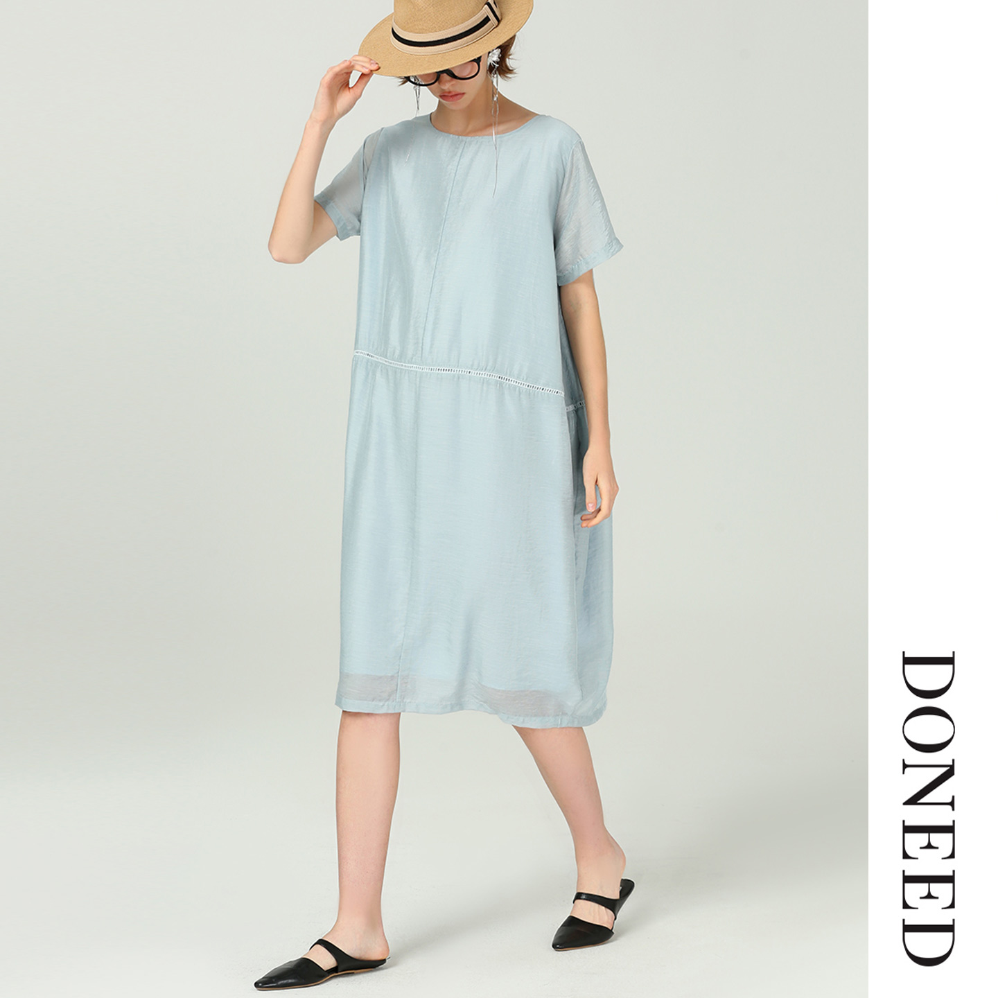 DONEED2025夏镂空花边拼接连衣裙
