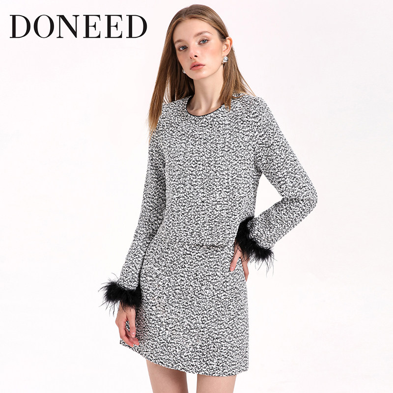 DONEED2026春款时尚优雅气质小香风圆领鸵鸟毛上衣半裙两件套套装