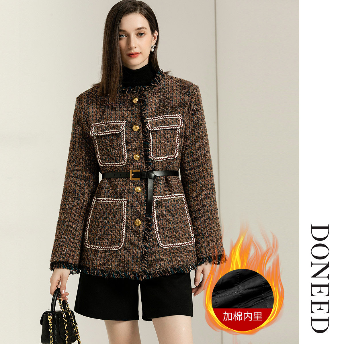 DONEED秋款优雅通勤配腰带毛边贴袋复古加棉呢料小香风外套女
