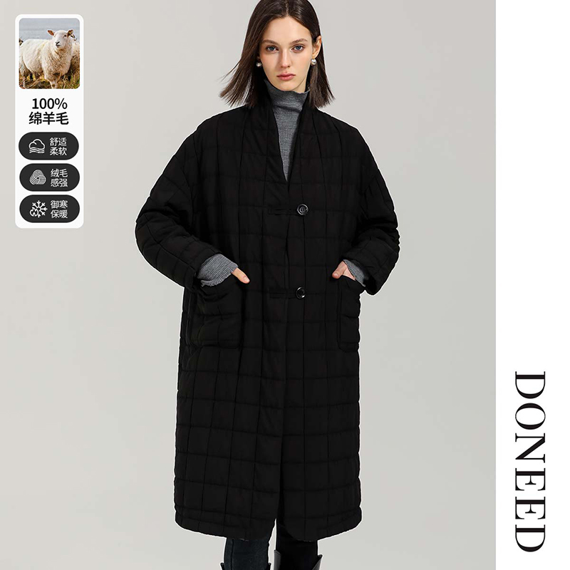 时尚休闲无领极简矩形绗缝棉衣