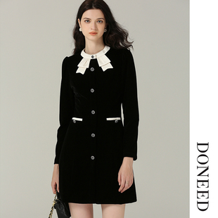 DONEED2025春雅致时髦撞色拼接丝绒圆领收腰显瘦蝴蝶结连衣裙女