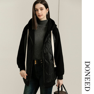 DONEED2025秋休闲活力连帽卫衣外套格纹插肩袖舒适保暖棉衣外套女