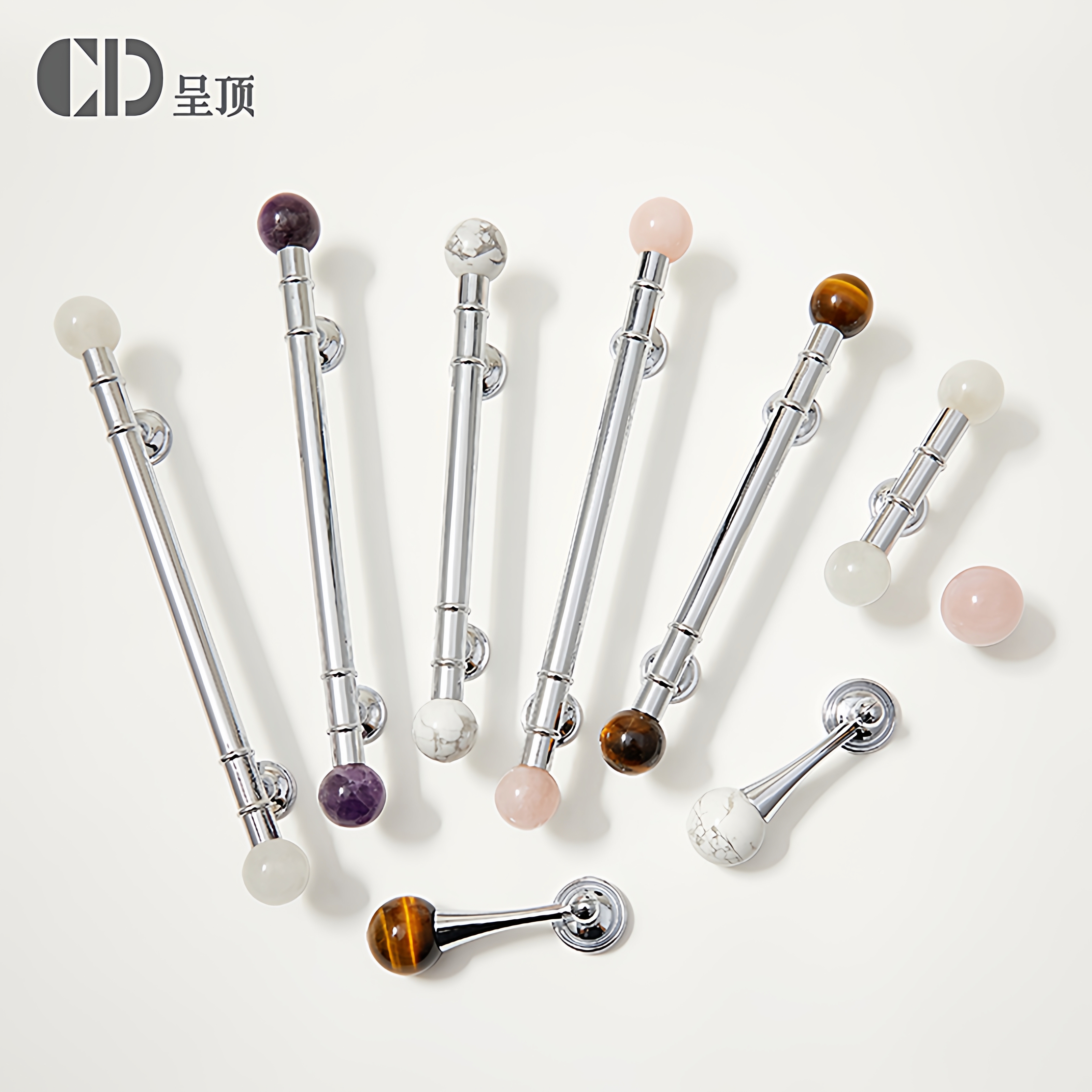 法式轻奢衣柜门现代简约银色拉手水晶大理石抽屉厨房黄铜橱柜把手