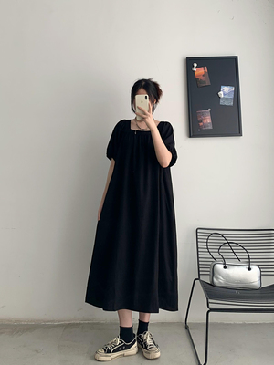 休闲A字型混纺纯色连衣裙