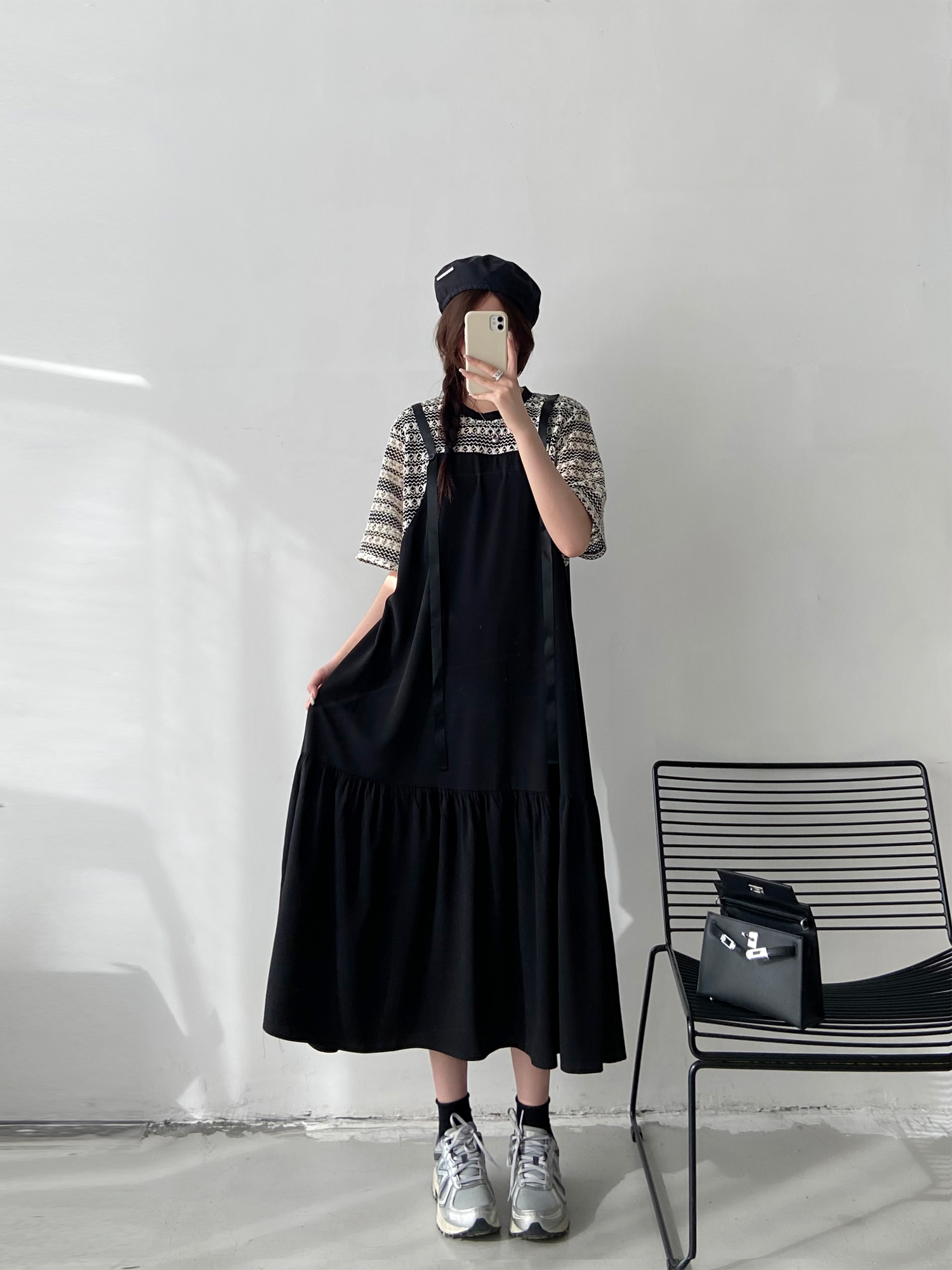 大码拼接短袖连衣裙女2025夏季新款胖mm假两件吊带宽松显瘦长裙子