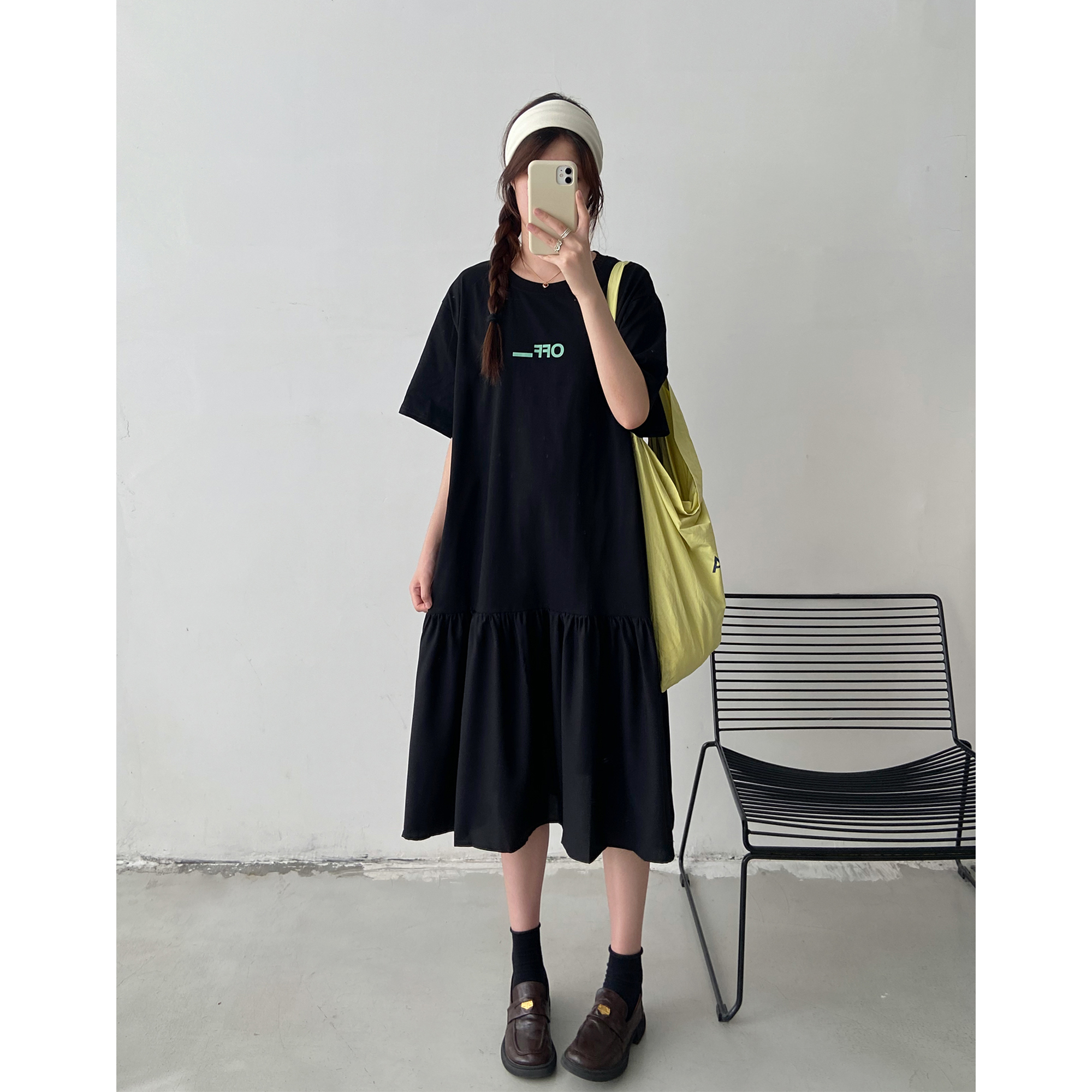 黑色小个子圆领字母印花T恤裙女夏季新款大码宽松中长款连衣裙子