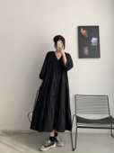 夏季 复古V领显瘦遮肚子连衣裙黑色过膝长裙 胖mm法式 宽松大码 女装