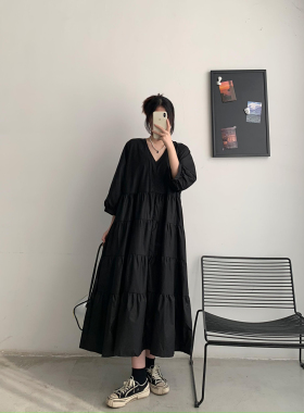 夏季宽松大码女装胖mm法式复古V领显瘦遮肚子连衣裙黑色过膝长裙