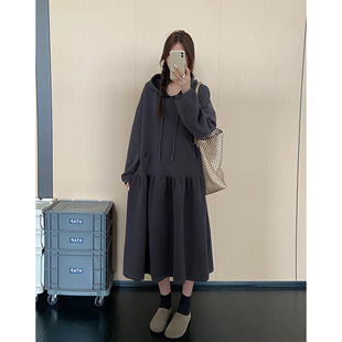 慵懒风宽松连帽卫衣连衣裙女秋冬新款 胖mm遮肉休闲拼接长裙子 大码