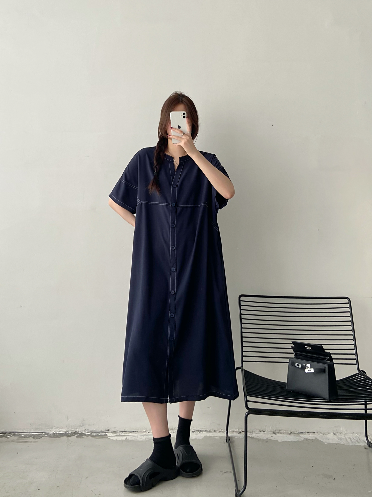 简约新中式立领撞色连衣裙女2025夏季新款垂感大码宽松衬衫长裙子