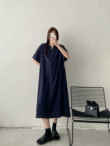 简约新中式立领撞色连衣裙女2026夏季新款垂感大码宽松衬衫长裙子