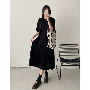 大码圆领短袖连衣裙2026新款女夏季胖mm梨型身材遮胯a字鱼尾长裙
