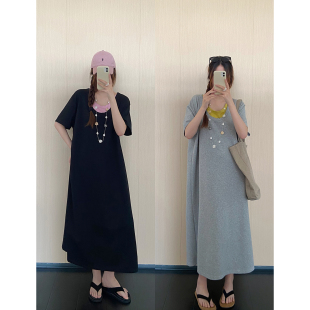 大码宽松显瘦假两件短袖连衣裙女夏季新款孕妇可穿遮肚显瘦T恤裙