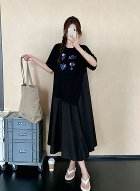 不规则裙摆拼接短袖T恤长裙女2026新款韩系宽松遮肚子休闲连衣裙