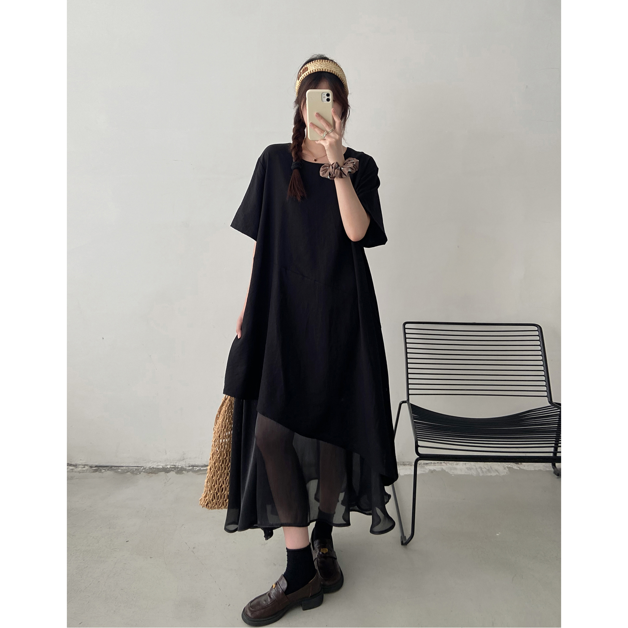 夏季新款大码短袖连衣裙女胖mm宽松显瘦遮肉假两件休闲过膝长裙子