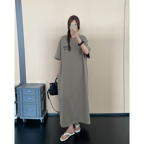 休闲印花宽松短袖连衣裙女夏季长款过膝宽松T恤裙设计感小众长裙