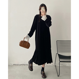 法式赫本风丝绒连衣裙女秋冬季新款配大衣胖mm大码宽松打底长裙子