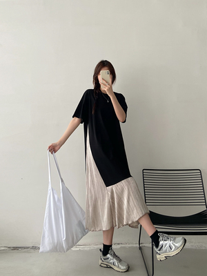 假两件拼接T恤裙女2026夏季新款胖mm大码宽松小众设计短袖连衣裙