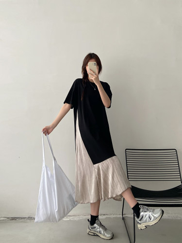 假两件拼接T恤裙女2026夏季新款胖mm大码宽松小众设计短袖连衣裙