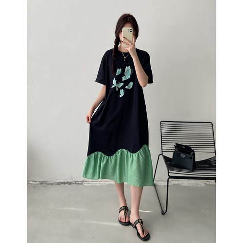 大码女装2026夏季新款胖mm宽松长款拼接不规则长裙遮肉短袖连衣裙