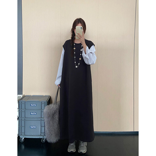 拼接针织假两件长袖连衣裙女2025秋冬季新款宽松显瘦设计感毛衣裙