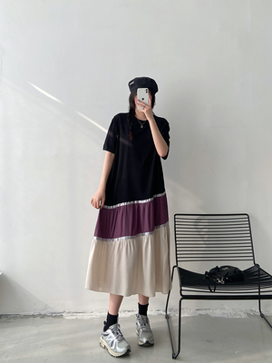 2026夏季新款微胖mm短袖T恤长裙女拼接撞色不对称大码宽松连衣裙