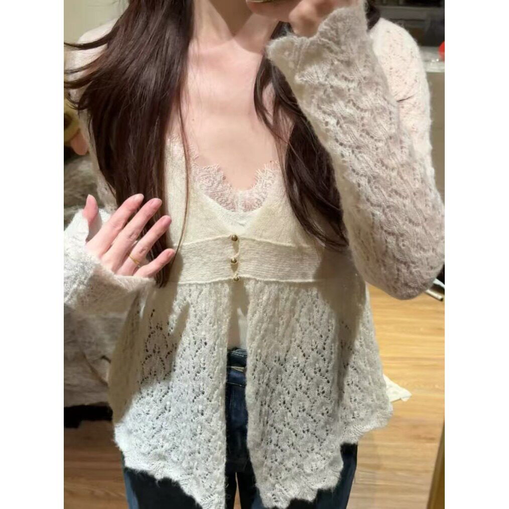 黄色镂空V领针织开衫女2026春开叉毛衣外套洋气别致外搭长袖上衣