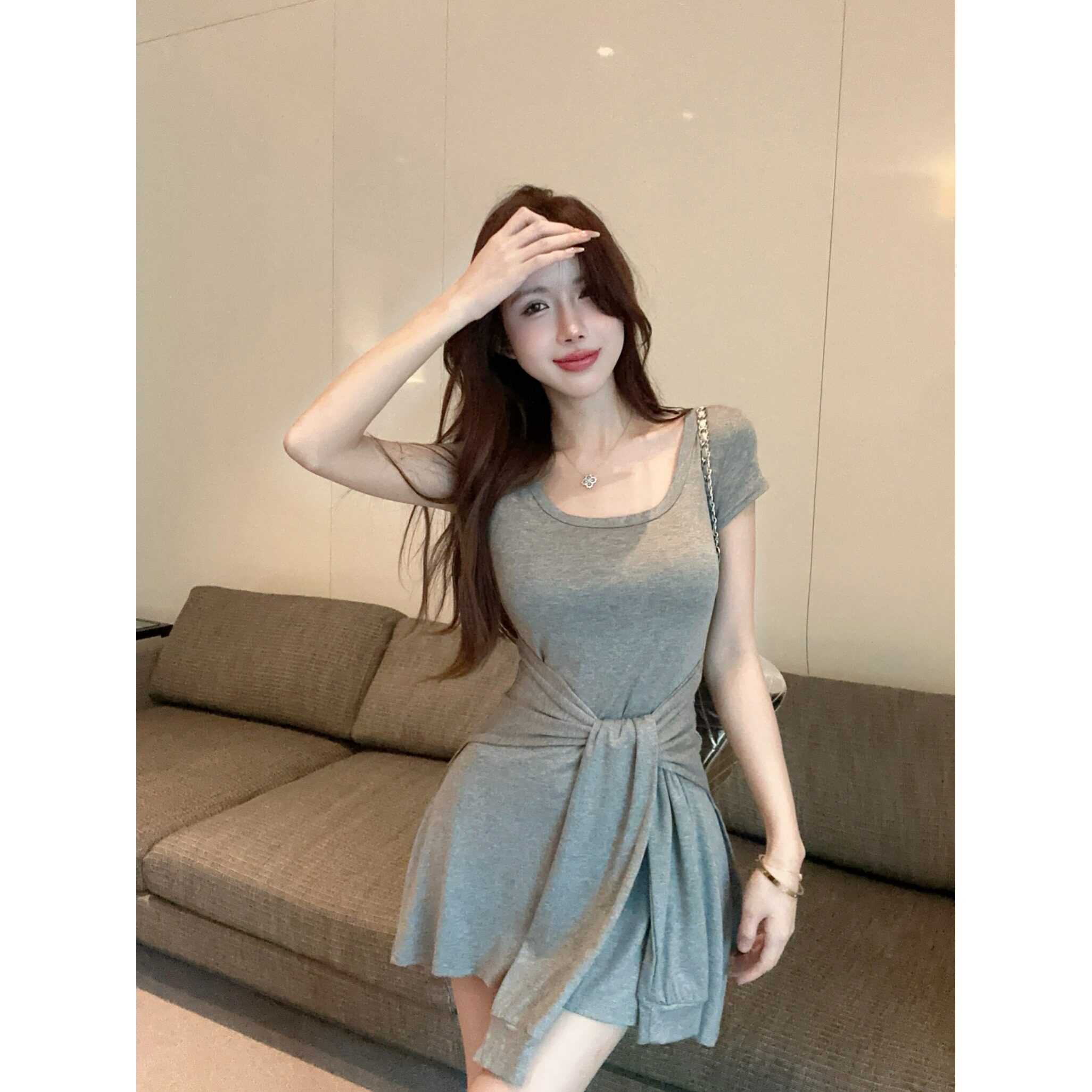 小众设计感绑带假两件连衣裙女休闲风短袖包臀裙性感气质御姐短裙