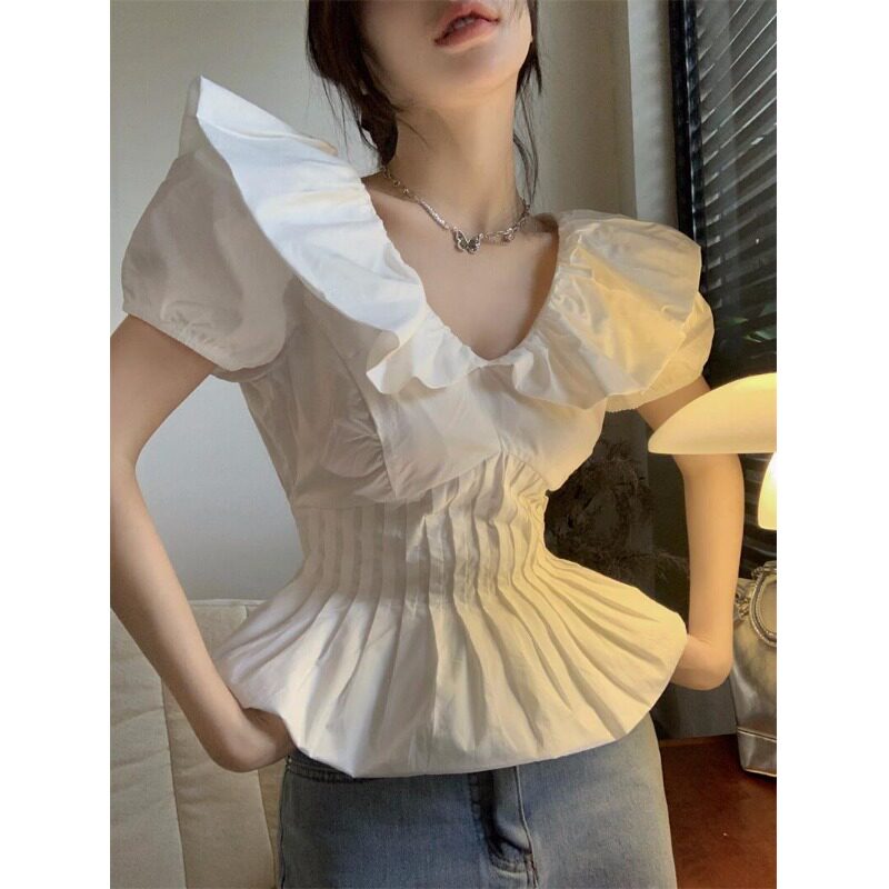 小众法式泡泡袖荷叶领衬衫上衣女夏款胖mm设计感收腰V领白色衬衣