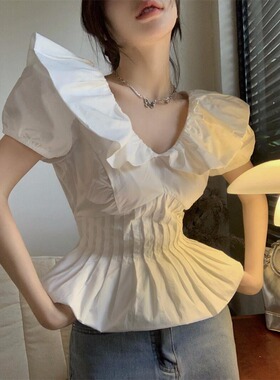 小众法式泡泡袖荷叶领衬衫上衣女夏款胖mm设计感收腰V领白色衬衣