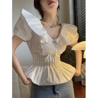 小众法式泡泡袖荷叶领衬衫上衣女夏款胖mm设计感收腰V领白色衬衣