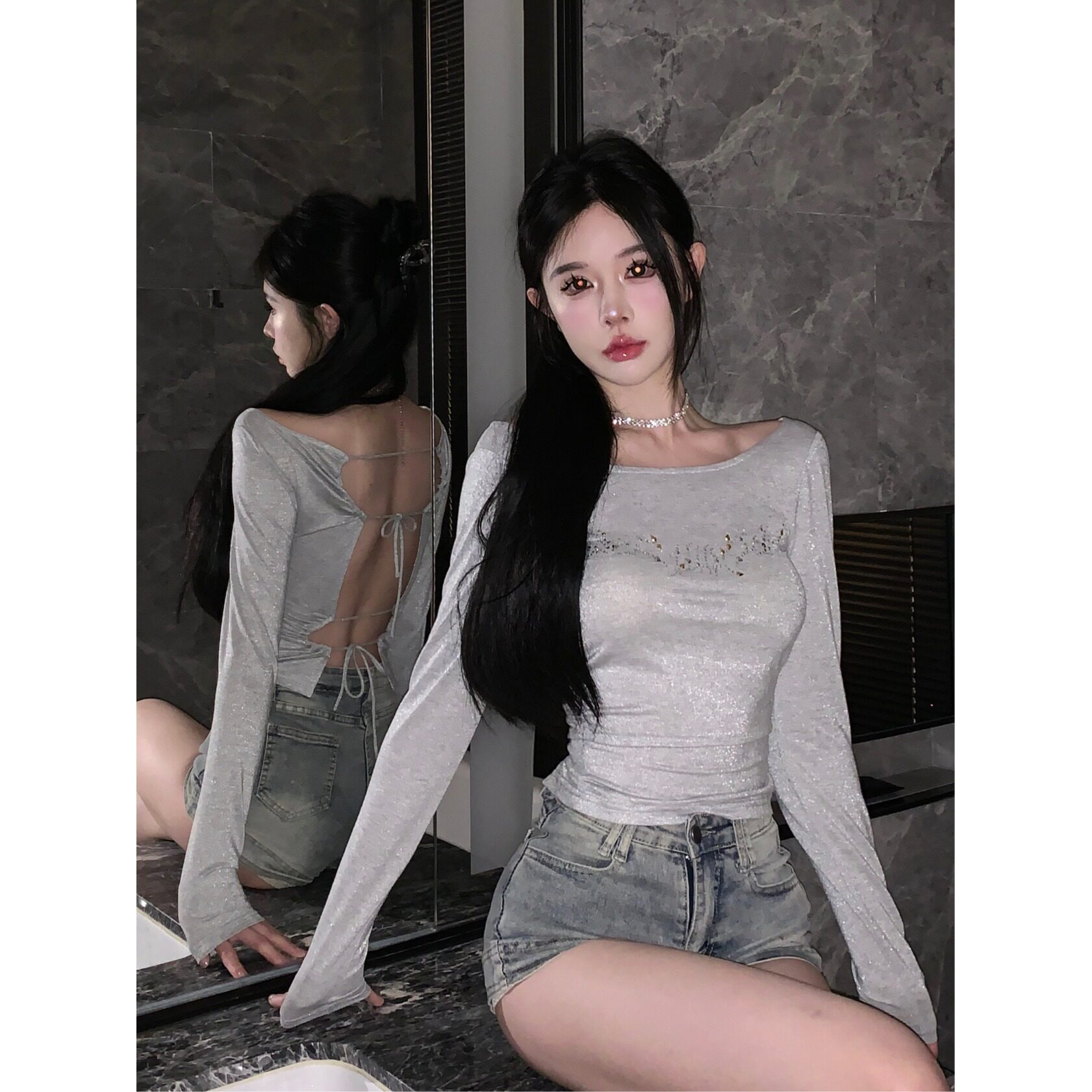 美式辣妹烫钻短款显瘦长袖T恤