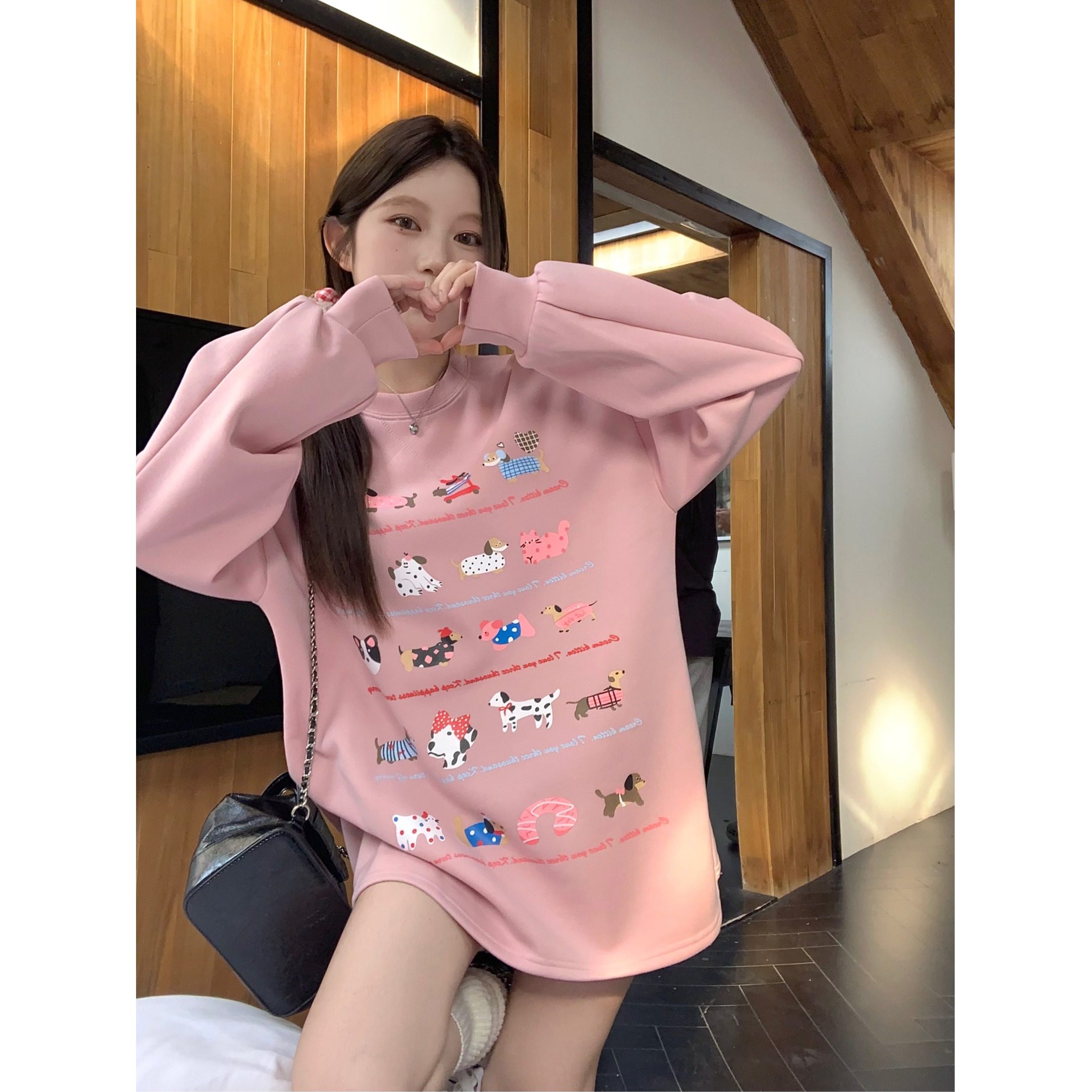 慵懒风连帽腊肠狗卫衣外套女秋冬季设计感中长款宽松长袖粉色上衣