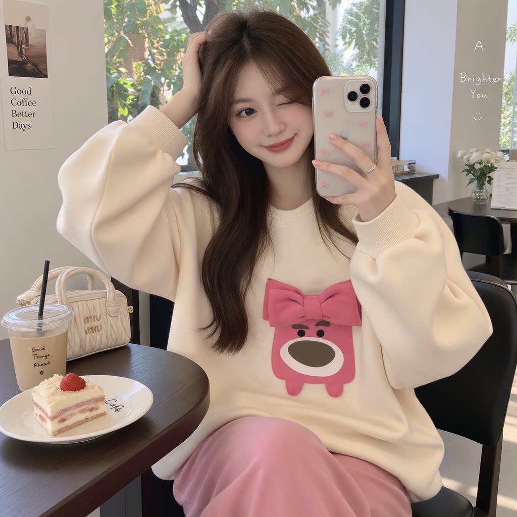 日系甜美加绒蝴蝶结卫衣女秋冬