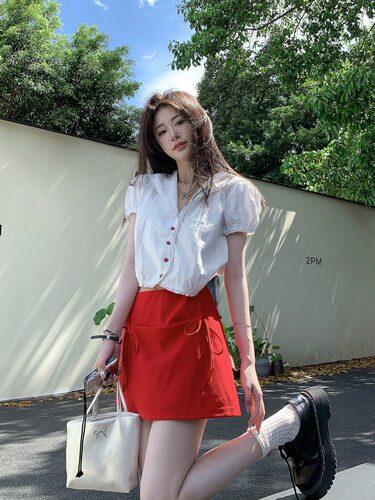 两件套甜美少女海军领女夏新款复古泡泡袖衬衫+红色蝴蝶结半身裙