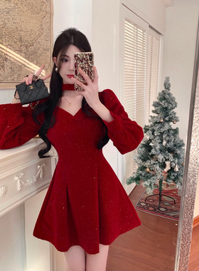 细闪丝绒连衣裙女冬2023年圣诞新款红色新年晚礼服显瘦打底冬裙子