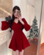 细闪丝绒连衣裙女冬2023年圣诞新款 红色新年晚礼服显瘦打底冬裙子