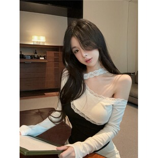 假两件斜肩挂脖长袖t恤女秋冬纯欲辣妹一字肩上衣蕾丝打底衫内搭