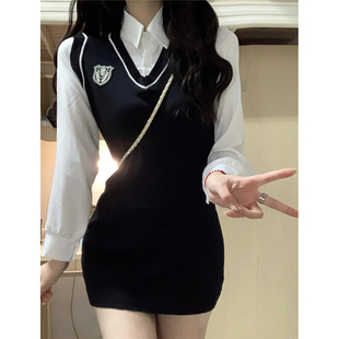 假两件拼接套装连衣裙女秋装2026新款纯欲森系显瘦学院风包臀裙