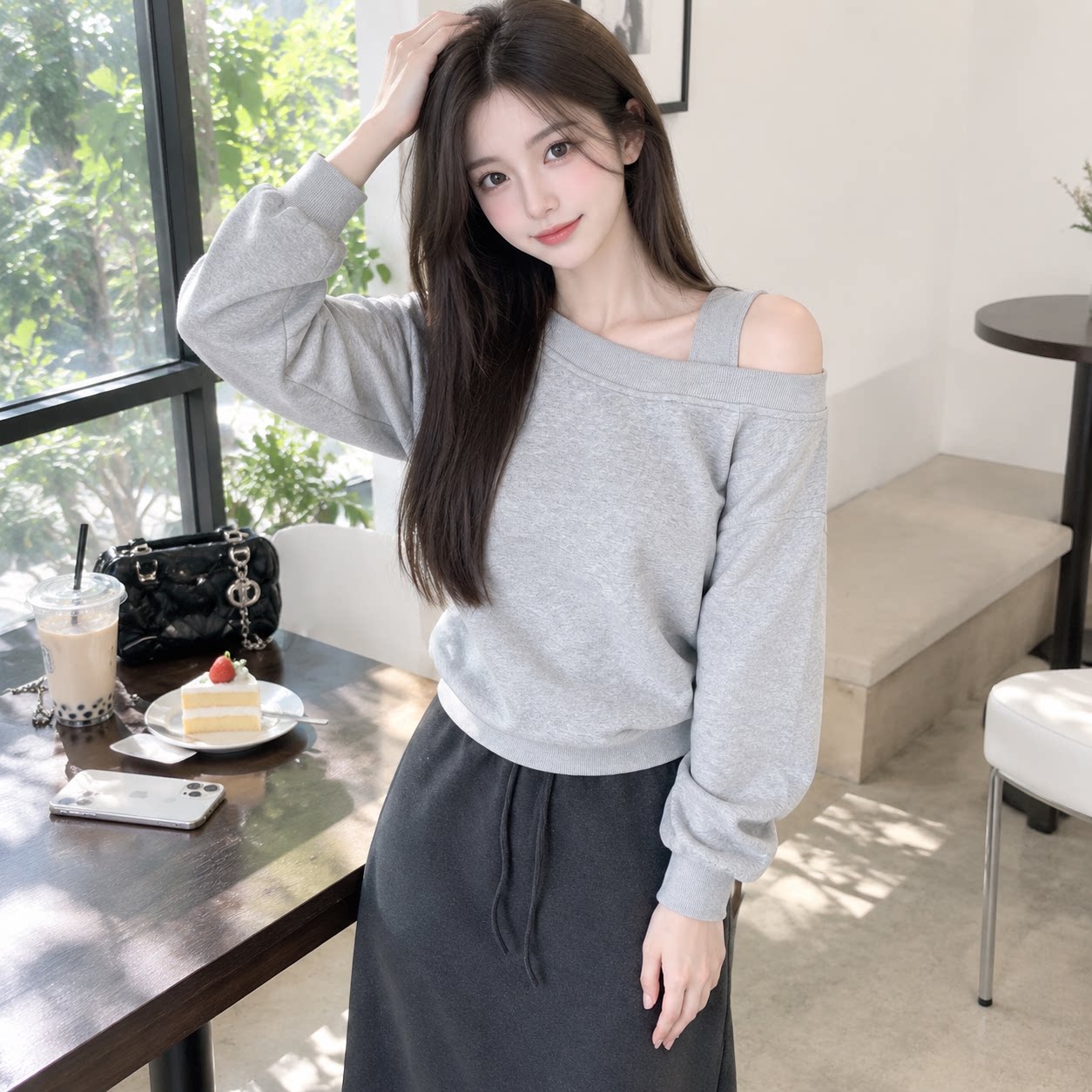 美式灰色显瘦露肩卫衣女春秋