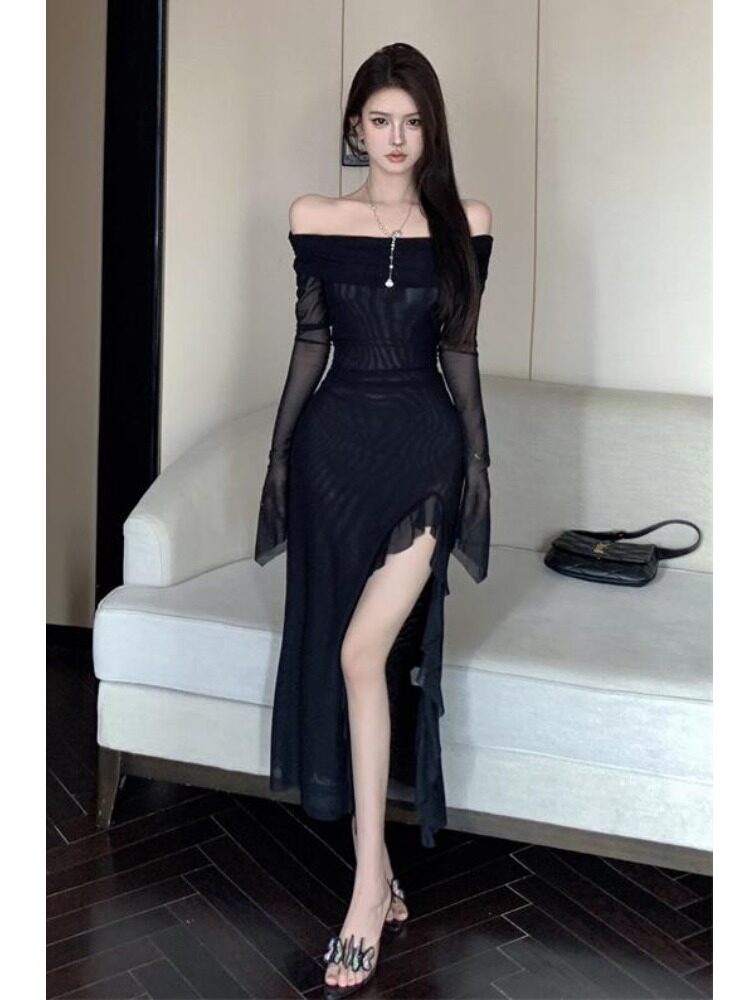 一字肩修身长袖连衣裙女早秋季气质名媛长裙法式新款显瘦包臀裙子