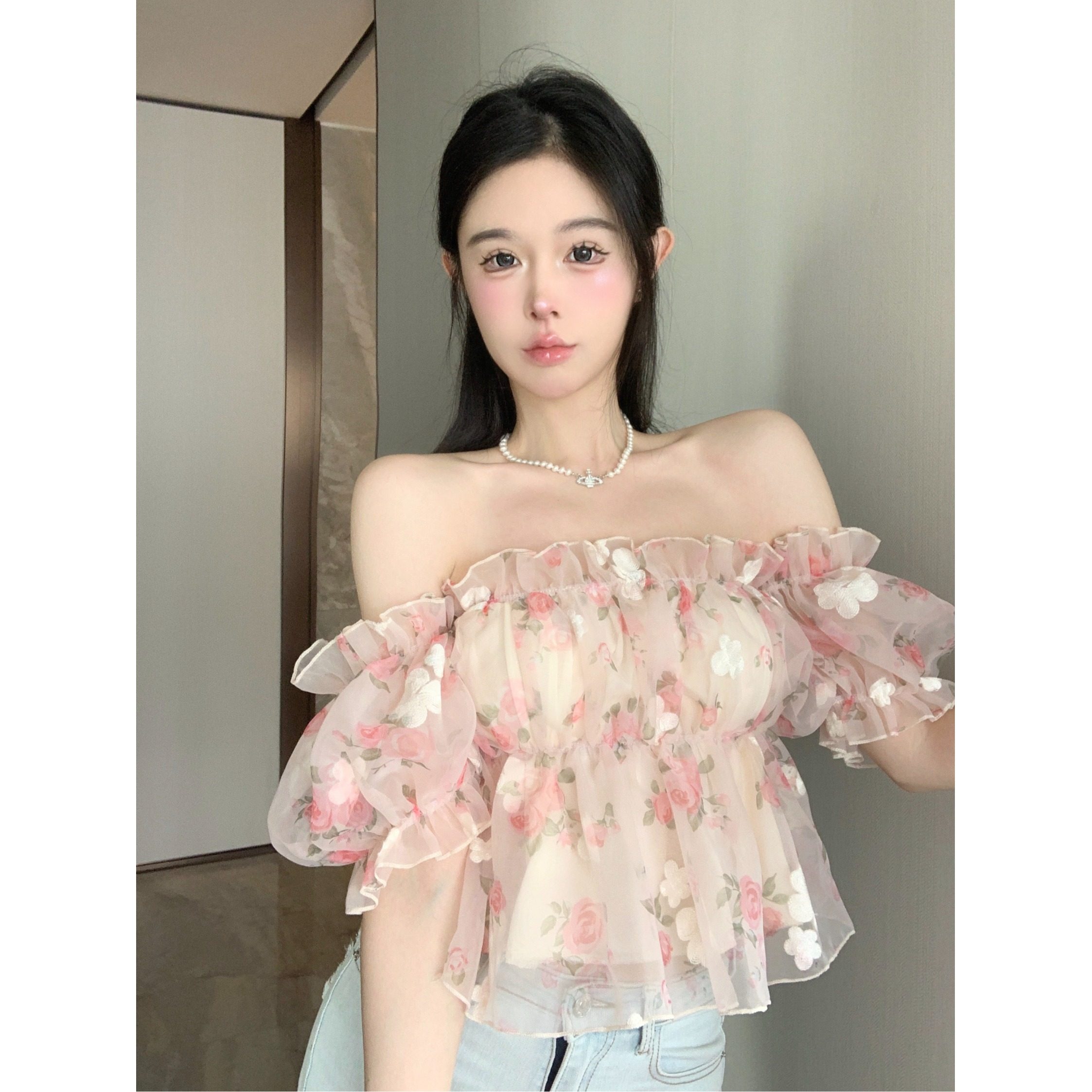 泡泡袖碎花衬衫女夏季短袖上衣