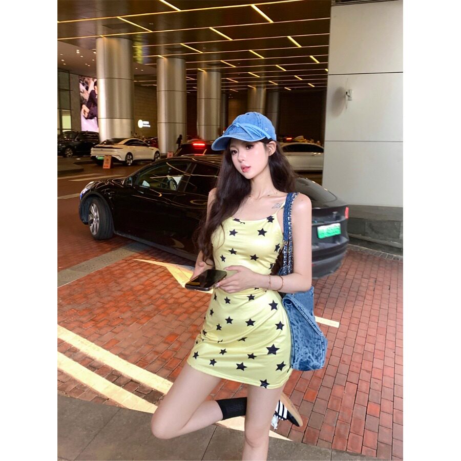 美式高街头复古辣妹连衣裙女夏季新款修身显瘦印花包臀短款裙子潮