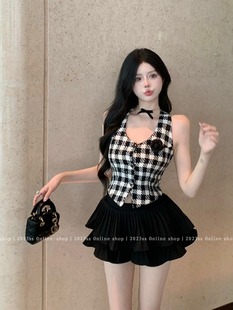 小香风粗花呢挂脖马甲纽扣背心女夏季高腰蛋糕裙百褶半身裤裙套装