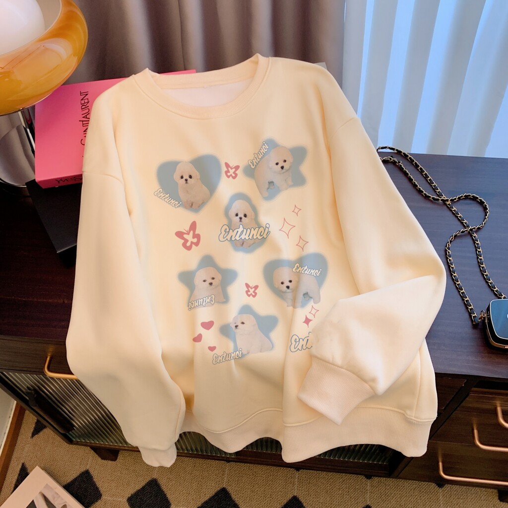 慵懒风日系甜美卡通加绒衣服女秋冬卫衣无帽圆领宽松美拉德上衣潮